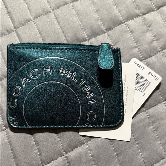 NEW Coach Metallic Teal Leather Card Case - Picture 1 of 3